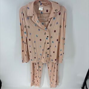 Soma Peach Sleepwear button up shirt pant set with beetle Insect Design womens M